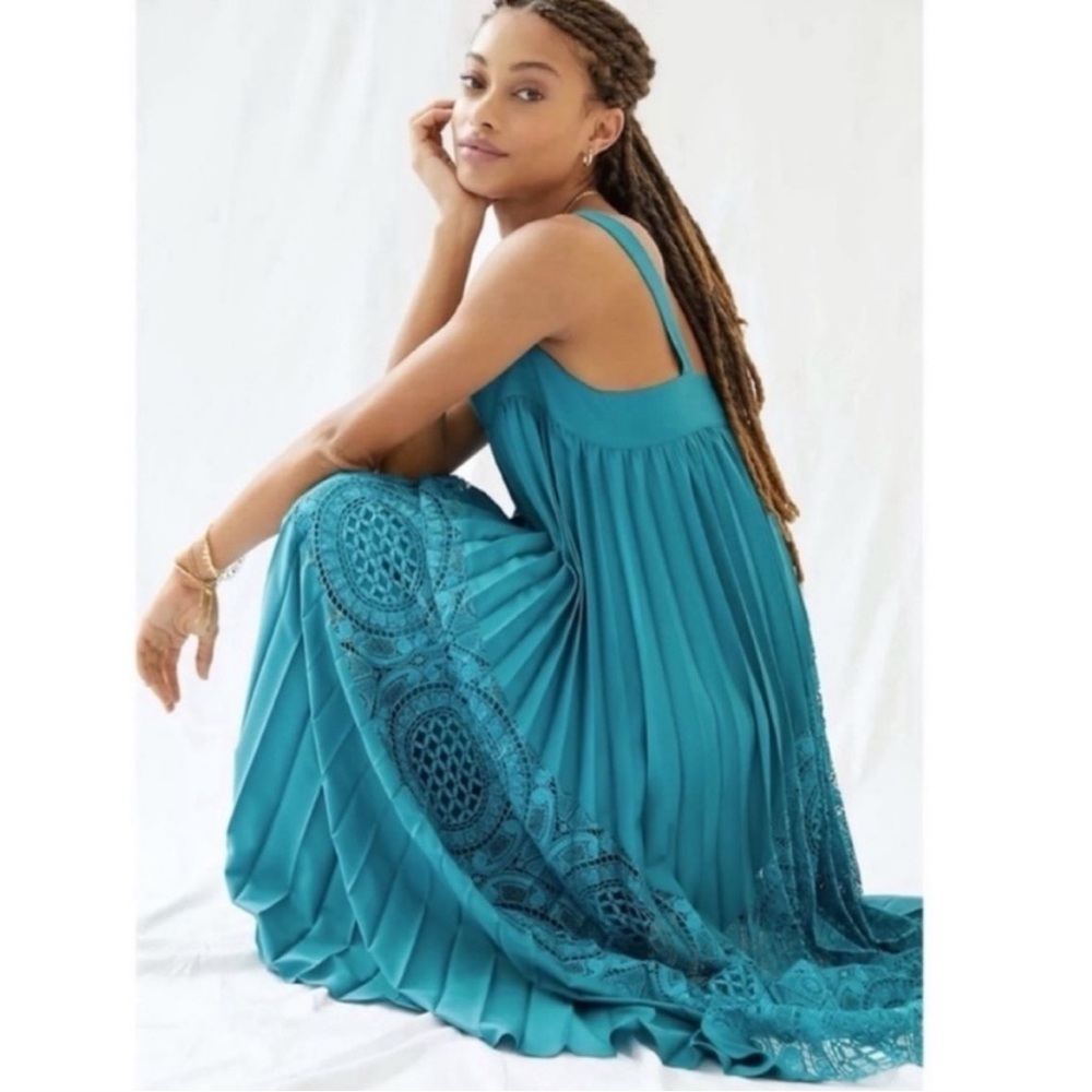 Anthropologie Geisha Designs Lace Pleated Maxi Dress Turquoise S NWT
